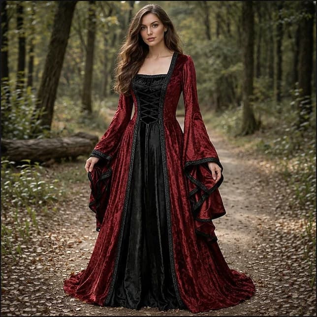Cross-Border Amazon New Product Medieval Renaissance Dress Long Sleeve Bell Sleeve Witch Waist-Cinching Dress Wholesale
