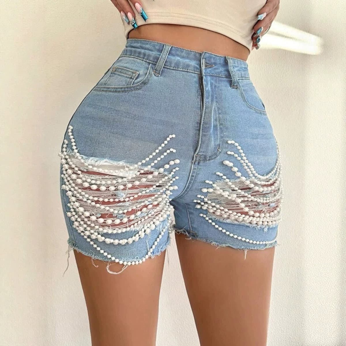 2025 cross-border European and American bead chain independent station summer wear ripped cross-border hot pants denim shorts women's handmade high waist slimming