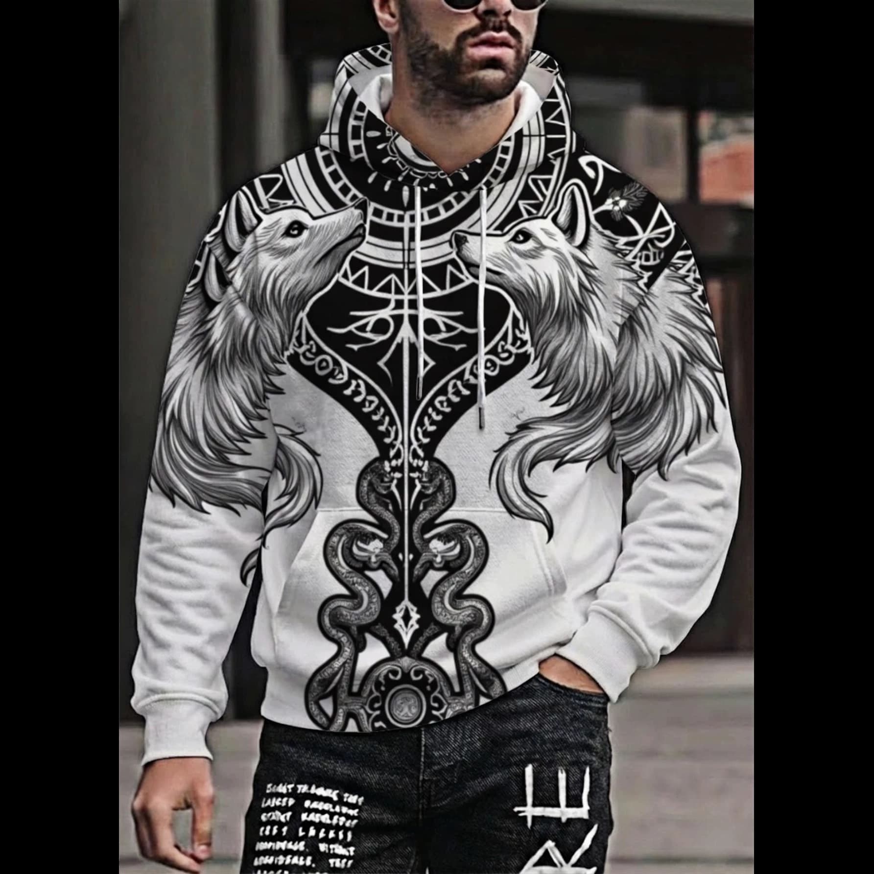 Men's Nordic Totem Double Wolf Snake All-Over Print Hoodie Loose Drawstring Streetwear Casual Pullover Top