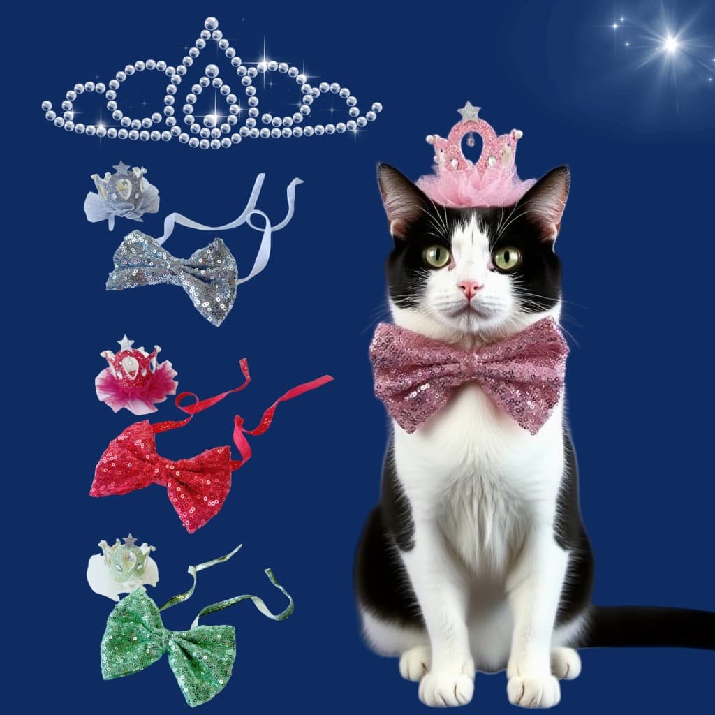 Pet Crown Collar Set with Bow Tie, Pearl, and Diamond Princess Headpiece for Rabbits, Cats, and Dogs Wedding Birthday Gift Box