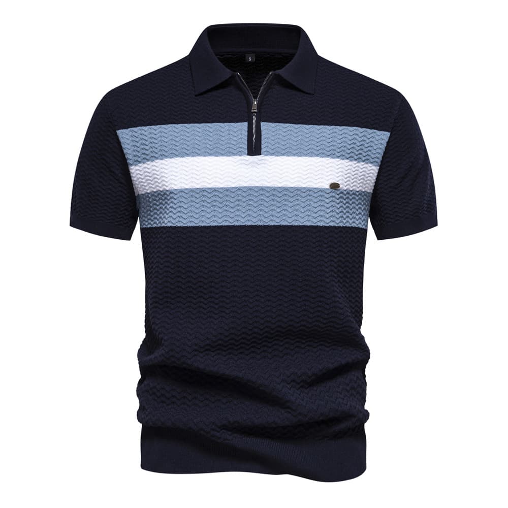 Summer 2024 Men's Premium Stripe Business Short Sleeve Thin Versatile Collared Half Zip Polo Shirt Casual Breathable Moisture Wicking