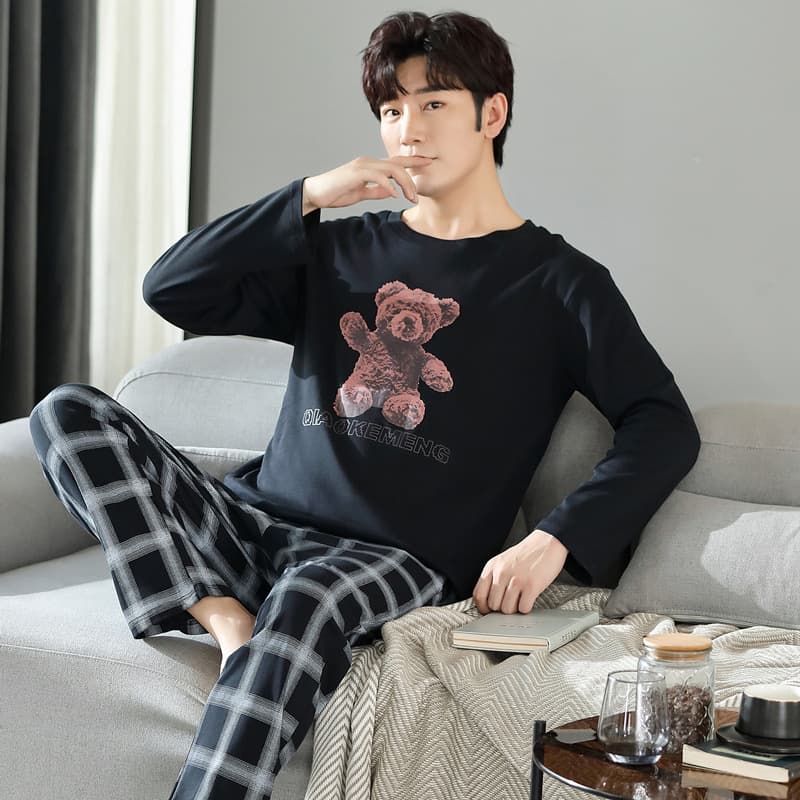 Men's Cotton Long Sleeve Pajama Set for Spring and Autumn - Casual Sportswear with Round Neck, Suitable for Students and Home Wear