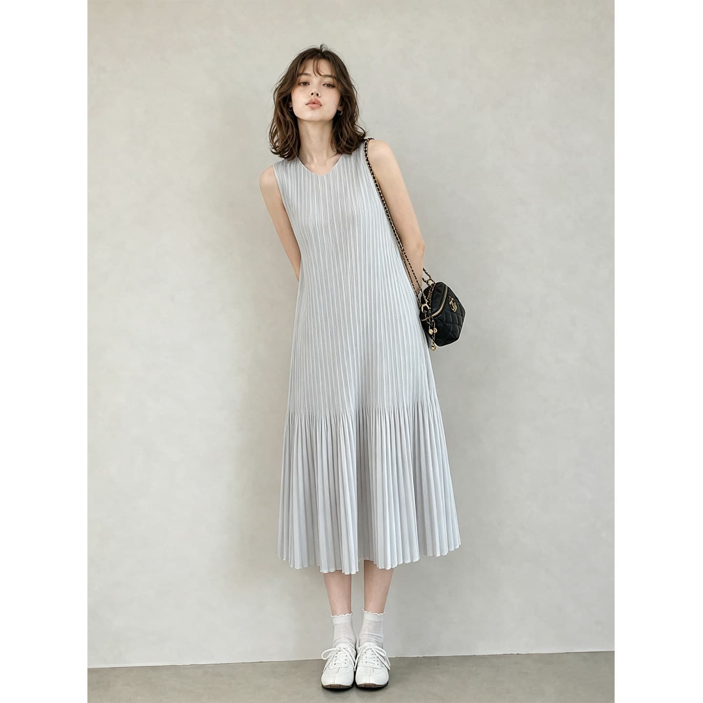 Miyake pleated sleeveless dress for women summer gray slimming mid-length minimalist casual style long skirt