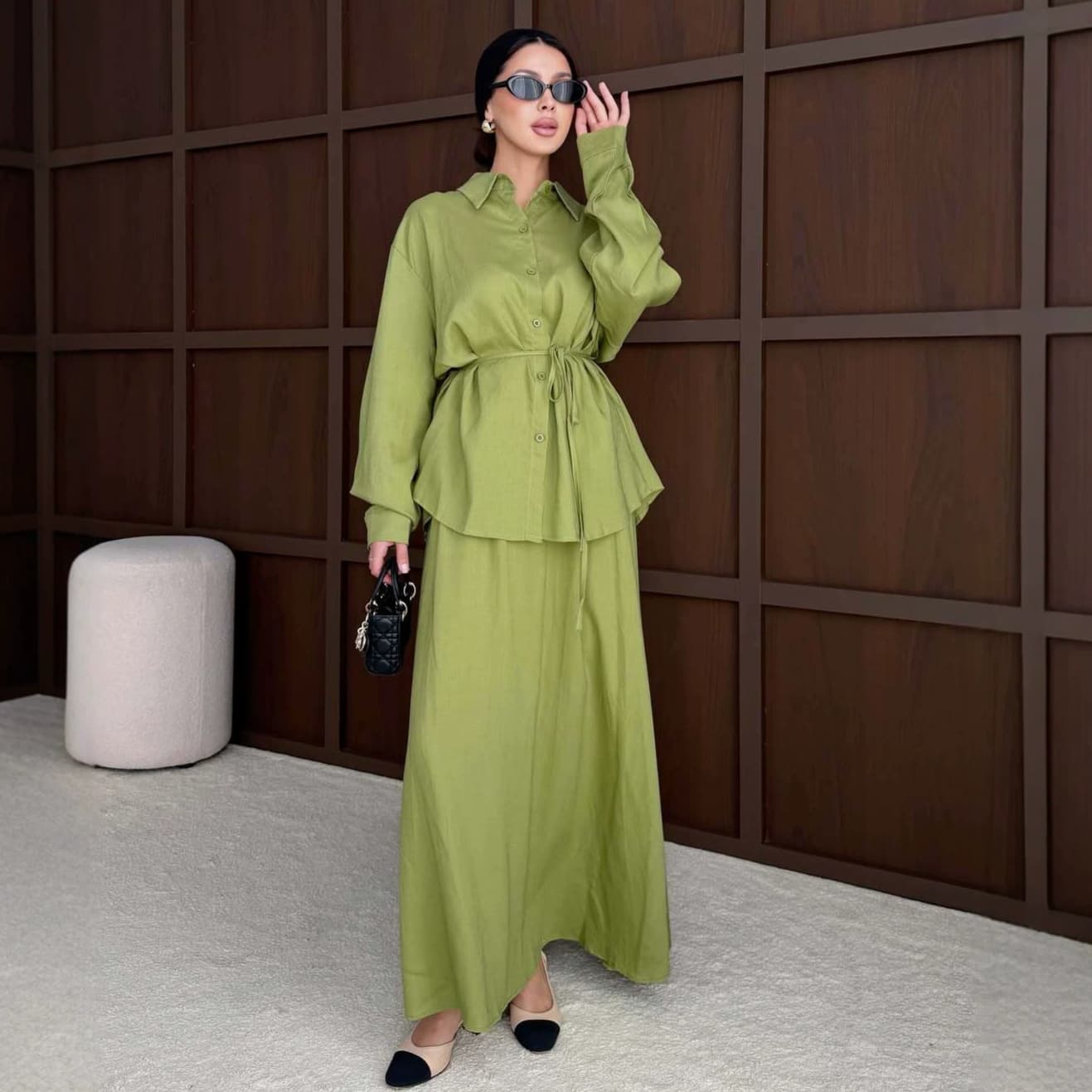Amazon 2026 New European and American Style Long Sleeve Shirt Green Single Breasted Tie Simple Top Straight Skirt Set