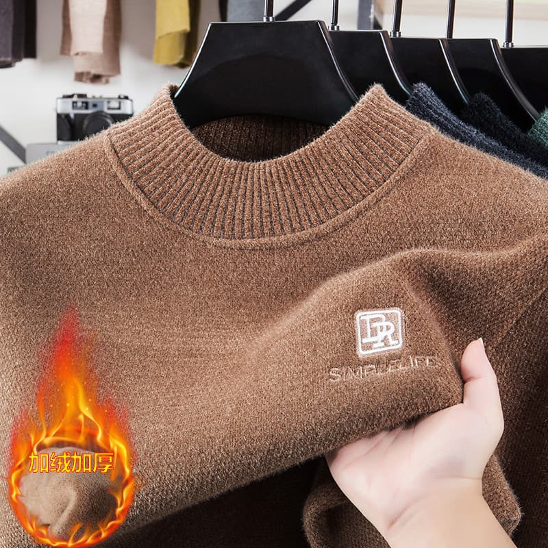Wholesale Drop Shipping Men's Long Sleeve Round Neck Thick Mink Fleece Knit Sweater, Integrated Fleece Thermal Sweater for Men