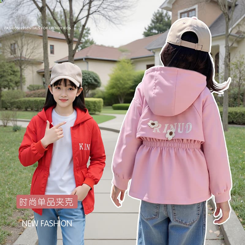 [Hot Export] Girls' Spring/Autumn Short Trench Coat Stylish Hooded Jacket Top for Kids Fall Outerwear
