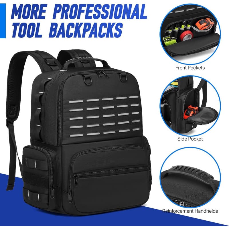 Tool Backpack Heavy Duty Tool Bag Storage Organizer with 3 Tool Pouches for Electrician/Industrial/Construction
