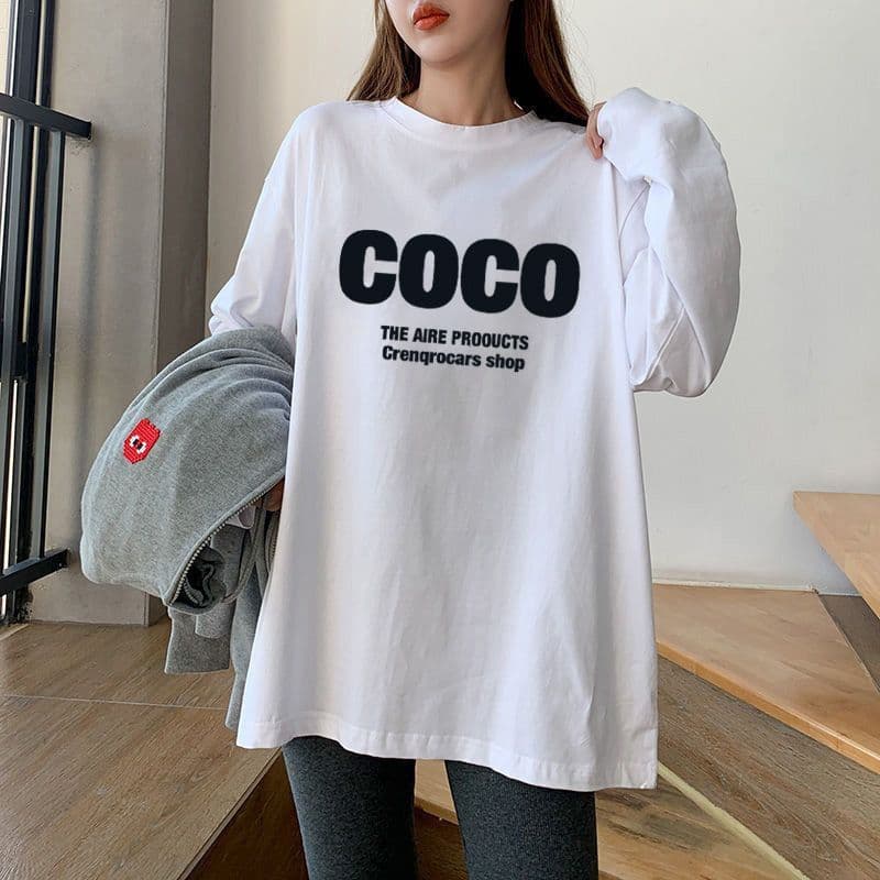 Plus Size Women's Long Sleeve T-Shirt, Autumn Winter Student Korean Loose Fit White Base Layer Top