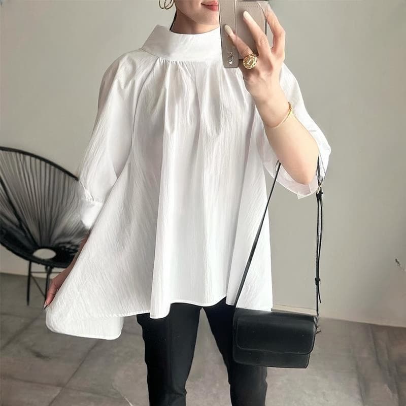 2026 Japanese Summer New Stand Collar Mid-Sleeve Doll Blouse Loose Casual Women's Top