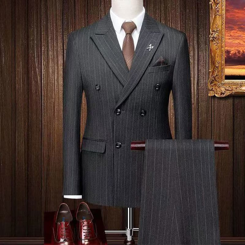 High-end plus-size men's striped suit set, a viral hit on Douyin (TikTok), perfect for banquets and emcees.