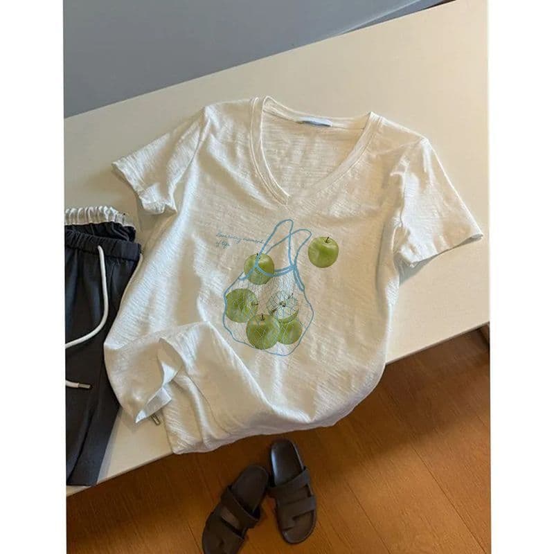 Slub Cotton V-Neck Short Sleeve T-Shirt Women Summer Lazy Style Versatile Regular Shoulder Top Loose Basic Tee Slimming White T-Shirt Women's Wear