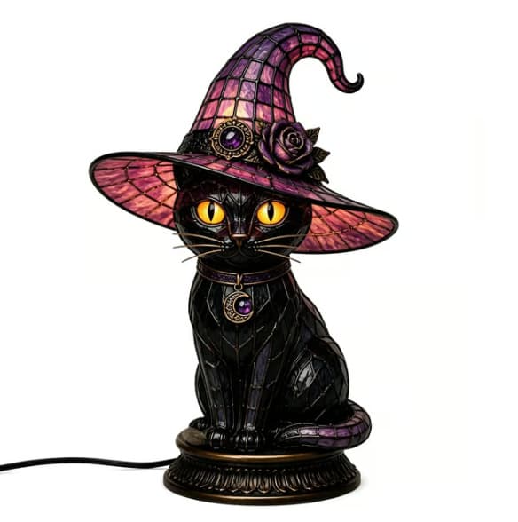 Gothic Stained Glass Witch Black Cat Table Lamp