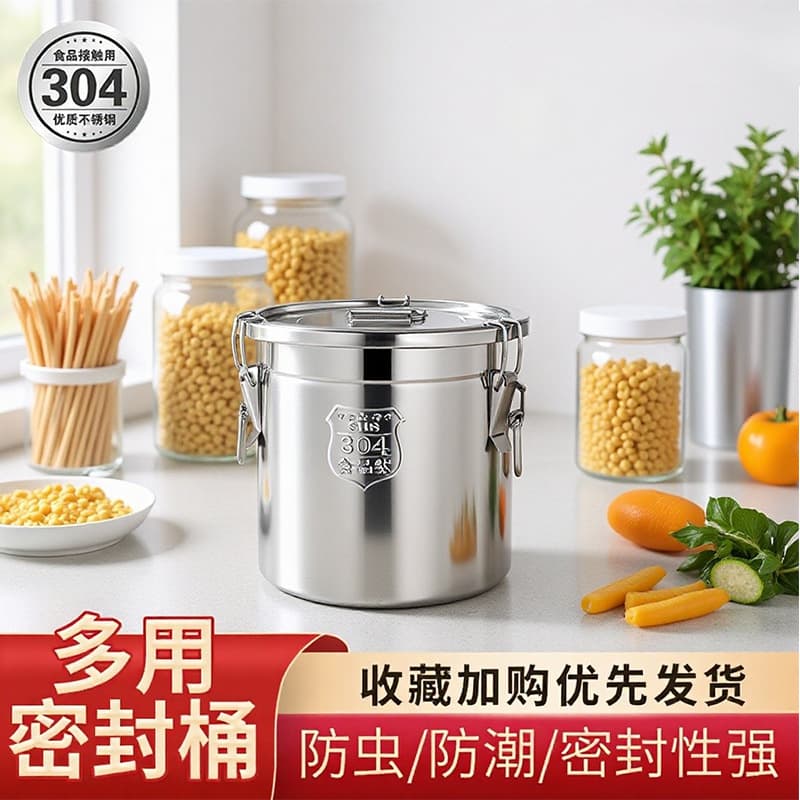 Wholesale 304 stainless steel airtight containers, large capacity rice buckets, household round buckets, moisture-proof tea jars, kitchen soup buckets