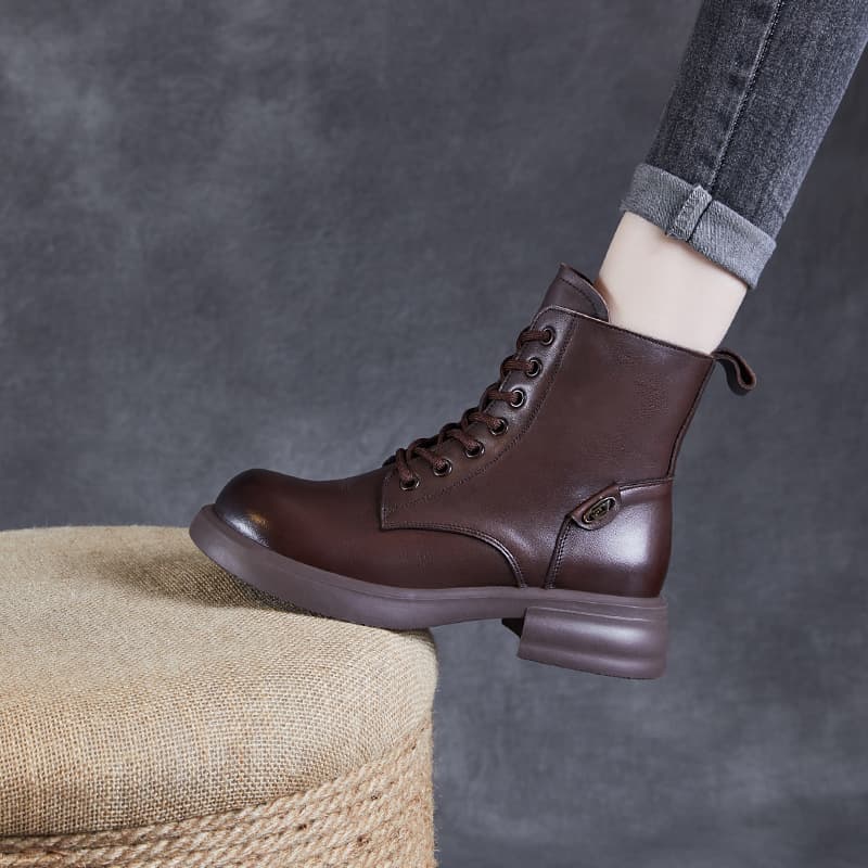Top Grain Leather Women's Boots New 2024 Popular Autumn/Winter Genuine Leather Martin Boots British Style Retro Ankle Boots