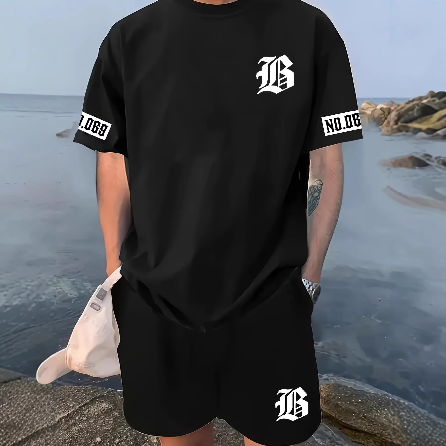 New European American Fashion Men's Shorts Short Sleeve T-shirt Casual Sportswear Los Angeles Letter T-shirt Set