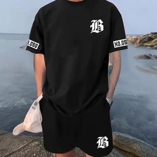New European American Fashion Men's Shorts Short Sleeve T-shirt Casual Sportswear Los Angeles Letter T-shirt Set