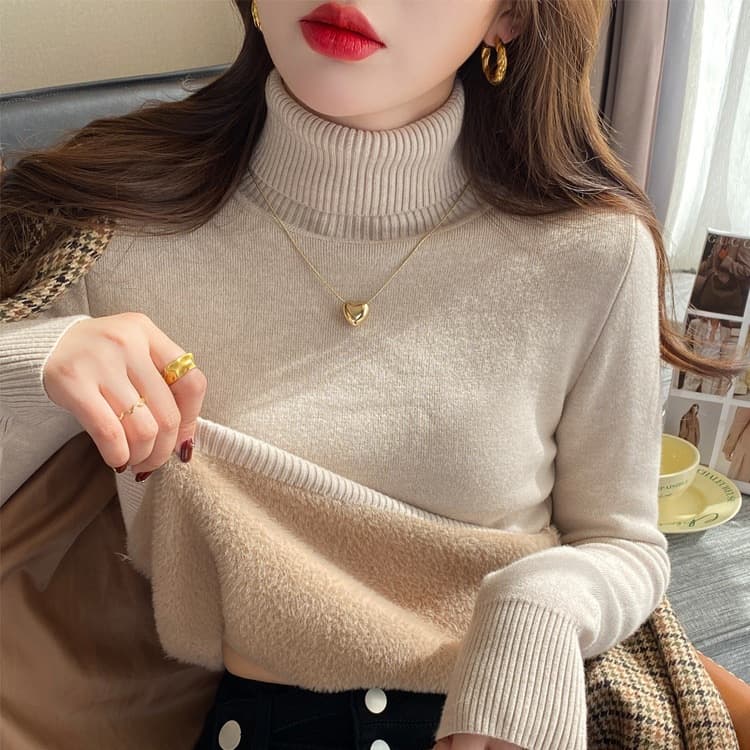 Turtleneck plus velvet sweater women's thickened one-piece velvet loose outer wear 2025 autumn and winter new warm knitted bottoming sweater