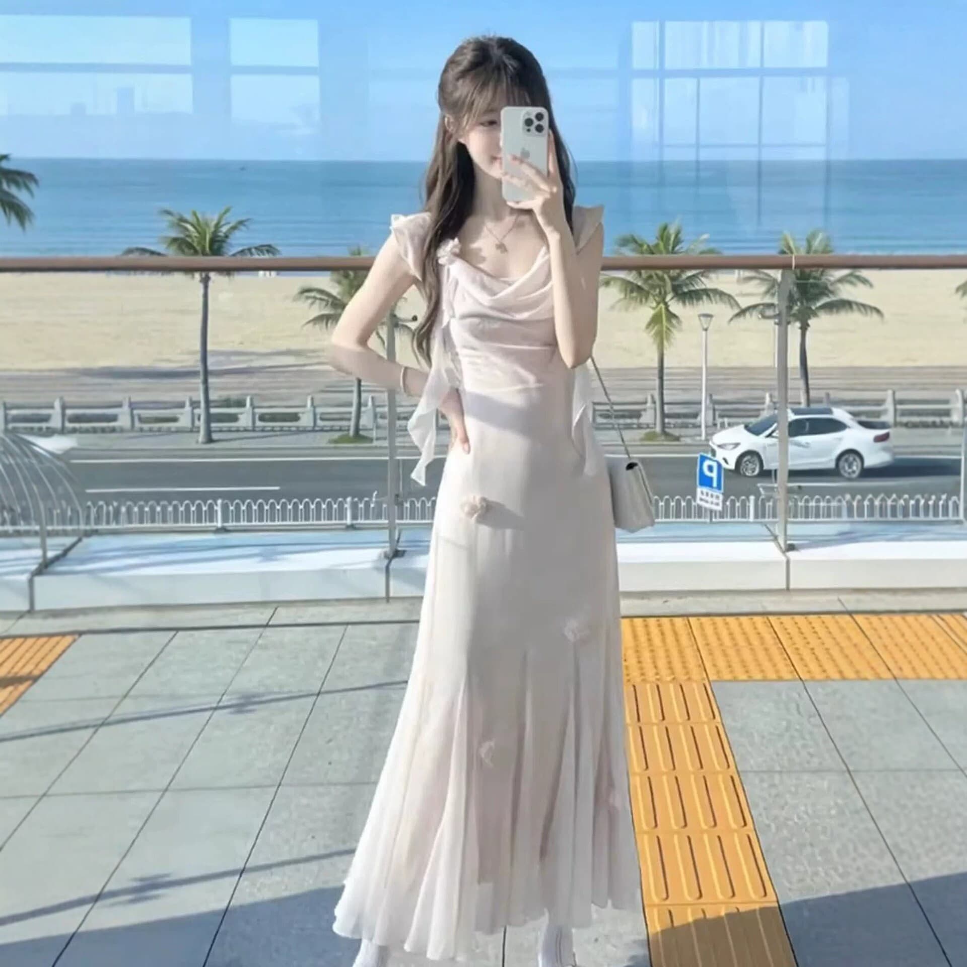 French style gentle style suspender dress summer new style waist slimming long skirt pure lust style beach vacation dress