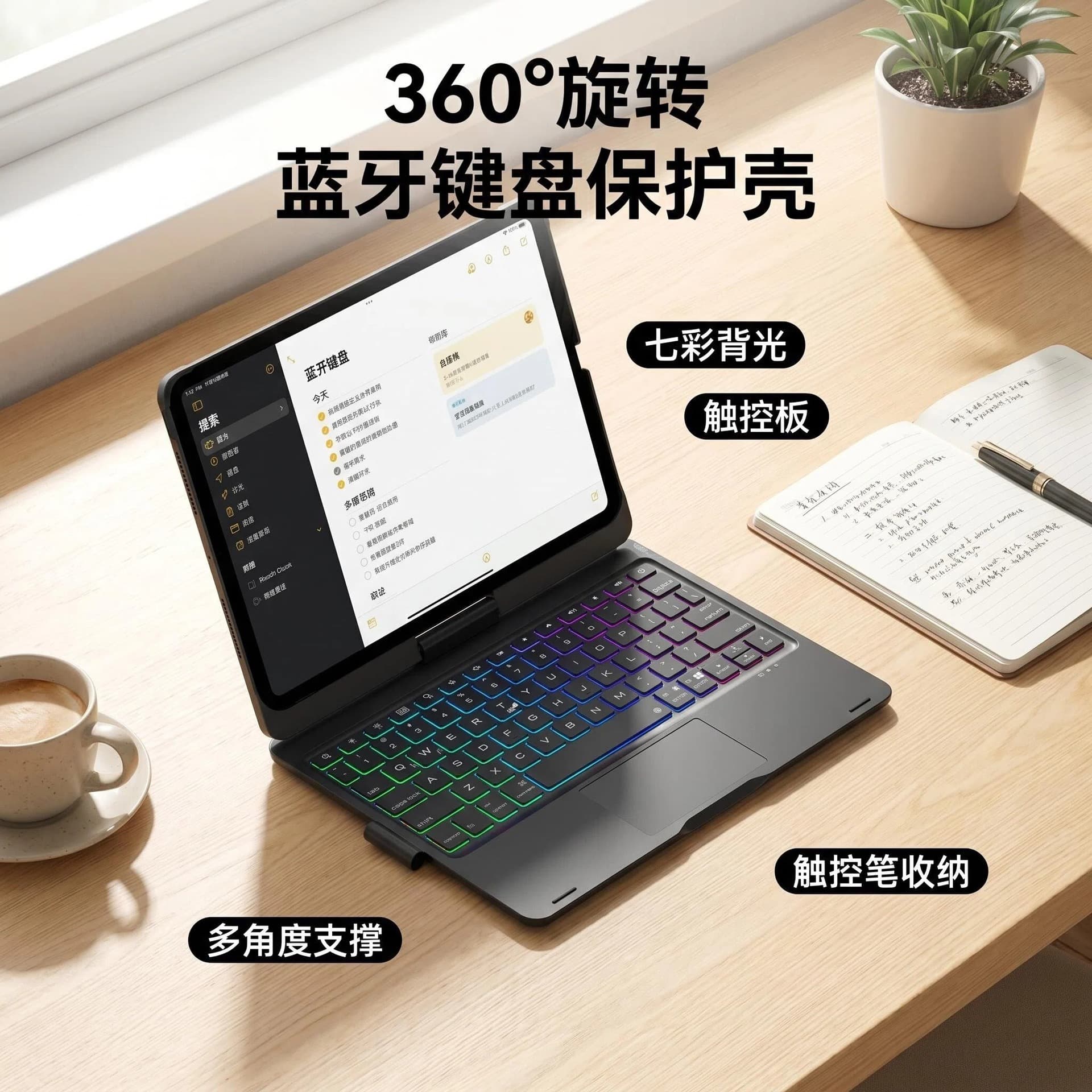 360° Rotating Bluetooth Keyboard Case Colorful Backlit Touchpad Suitable for iPad Air Pro Tablet
