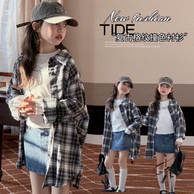 Zhili Children's Clothing Spring New Style Cotton Black and White Checkered Shirt Girls' Jacket Western Fashion Casual Loose Children's Upper