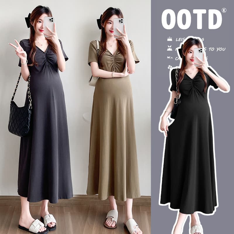 Maternity Summer Dress High-End Fashion V-Neck Loose Cotton Long Skirt