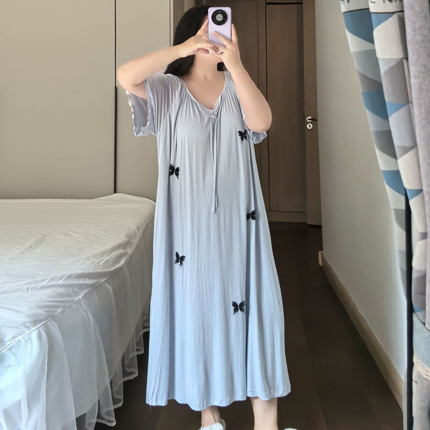 Summer Cooling Short Sleeve Loose V-Neck Long Home Dress for Plus Size Women (300 lbs)