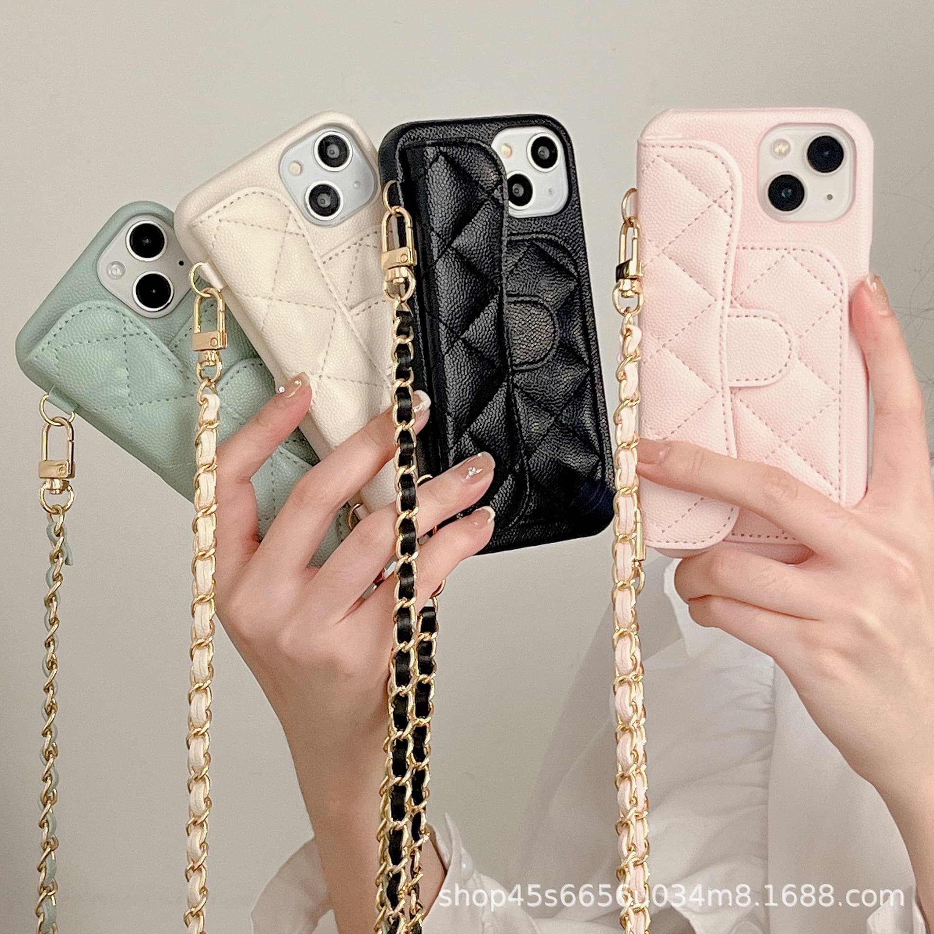 Branded Chanel-style Card Slot Case for iPhone 17 Pro Max with Diagonal Crossbody Strap, Compatible with 16/15/14/13/12, Leather Hard Shell