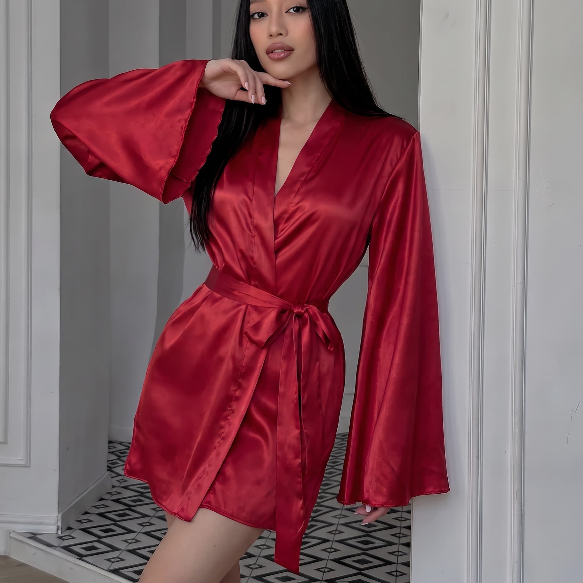 V-neck sexy short nightgown, bridal nightgown, home wear, dressing gown, bathrobe plus size