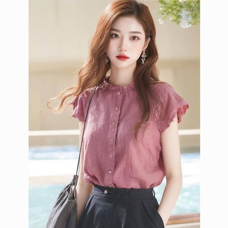 Design niche side stand collar small flying sleeve shirt women's summer new style chic and beautiful shirt top picture color