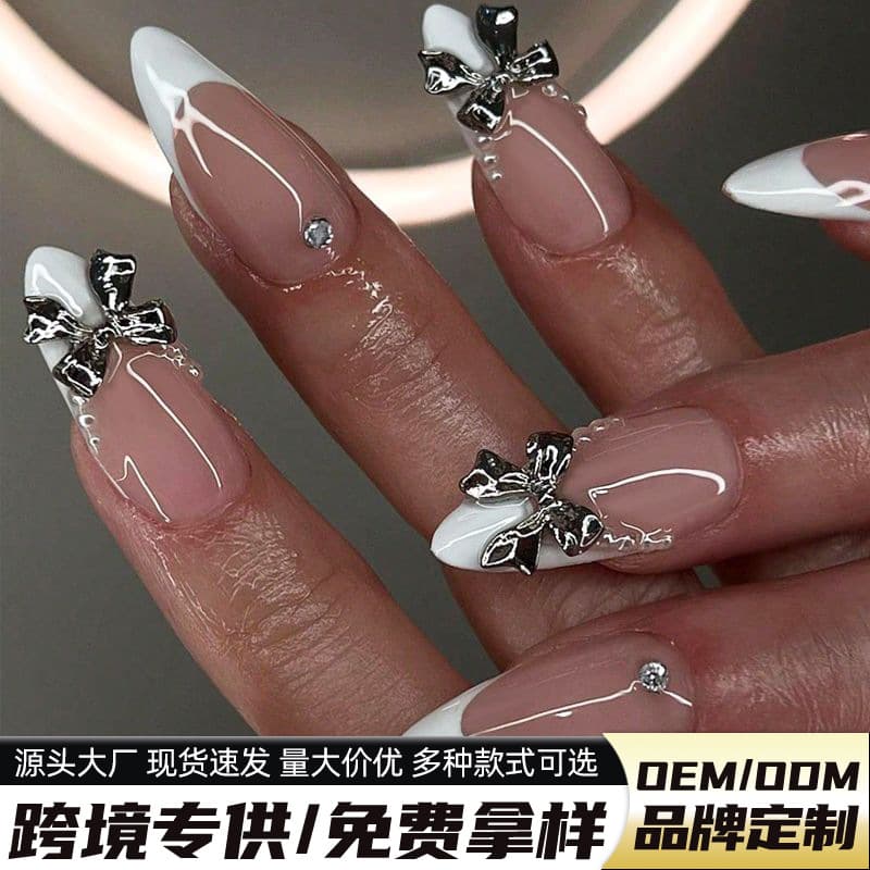 24Pcs False Nails  Girl  Bow with Diamond Fake NaChristmas