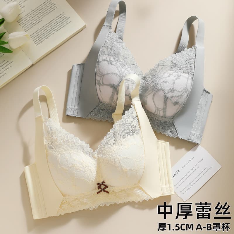 Non-Magnetic Spring/Summer New Soft Medium-Thick Lace Wire-Free Bra for Women, Small to Medium Bust Push-Up, Side Fat Control, Ladies' Bra