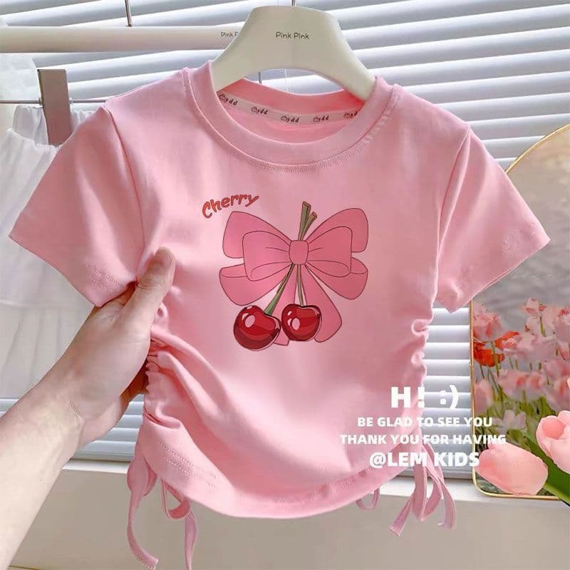 Girls' Ice Silk Short Sleeve T-Shirt, New Spring and Summer Style for Middle and Older Children, Drawstring Half Sleeve, Sweet and Adorable Fashionable Top