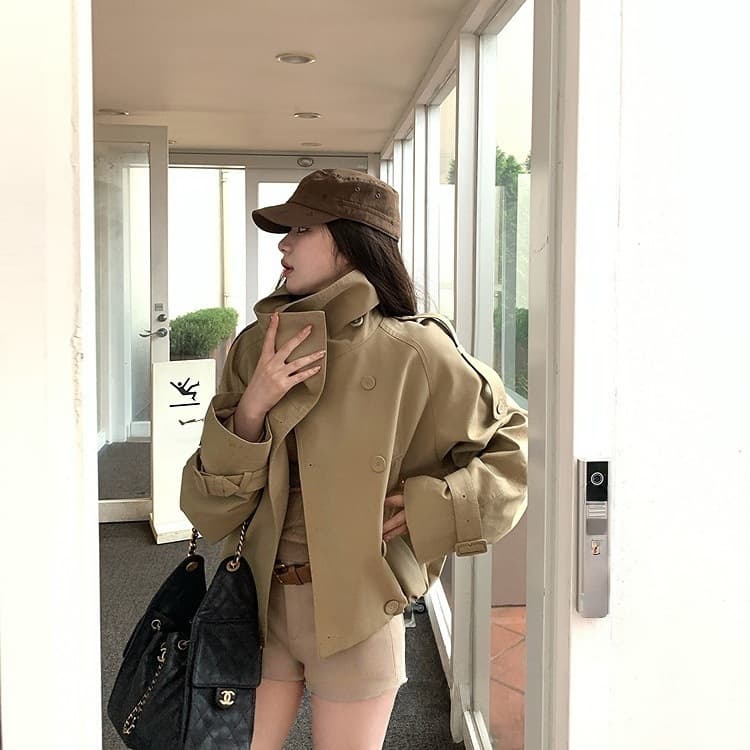 Khaki Stand Collar Short Trench Coat Women's 2025 New Spring/Autumn Petite High-End Double-Breasted British Style Coat