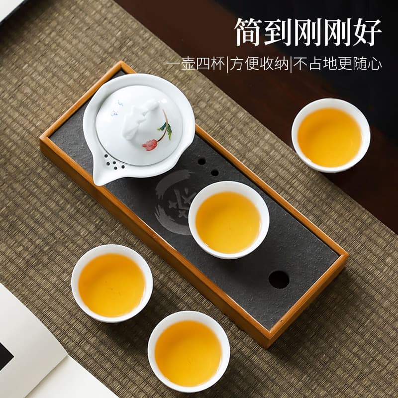 Hand-painted Portable Ceramic Quick Cup Travel Tea Set White Porcelain One Teapot Four Cups Gift Logo