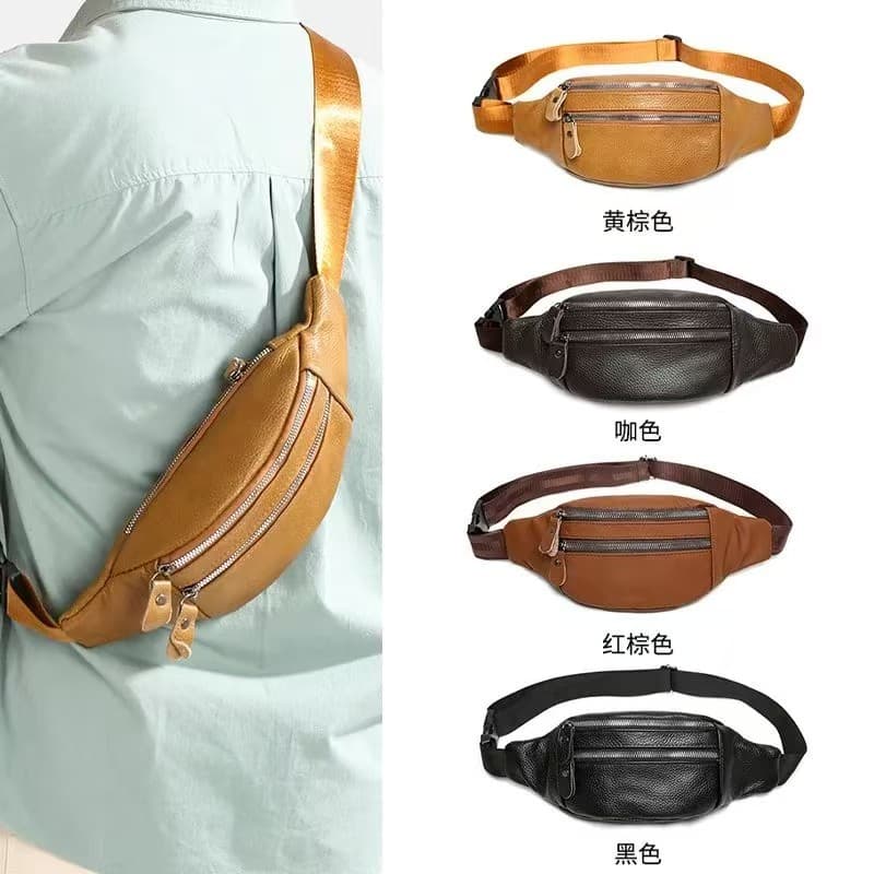 Unisex Durable Cowhide Leather Waist Bag, Genuine Leather Chest Bag, Small Bag for Phone, Sports Fashion Casual Wallet, Crossbody Bag