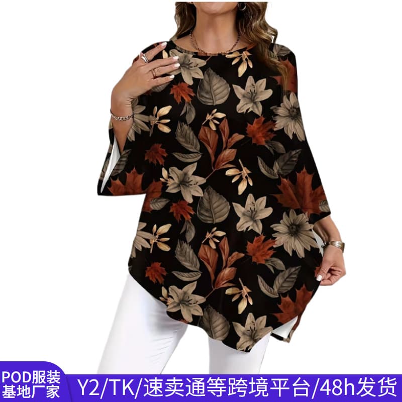 Oversized Floral Print Batwing Sleeve Top for Women, New Loose Round Neck Plus Size T-Shirt for Cross-Border EU & US Markets