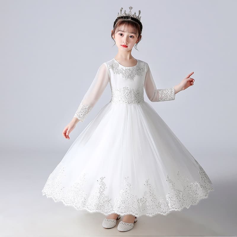 Girls Dress High-End Mesh Sleeve Wedding Dress Flower Girl Princess Dress Wedding Piano Performance Costume Tutu Dress