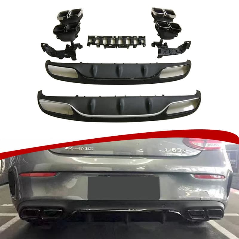 Mercedes-Benz C-Class Coupe Rear Bumper Diffuser and Exhaust Tips C205 Upgrade to 2015 C63 AMG Style Quad Exhaust Tips