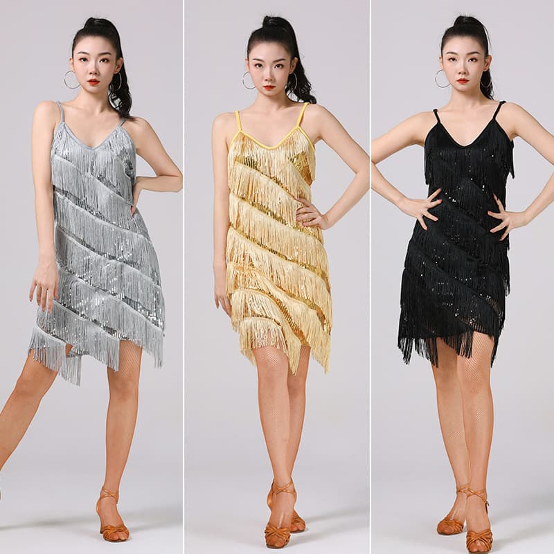 Suspender sequin tassel skirt V-neck dress Latin ball dance skirt dance performance clothing stage performance competition clothing