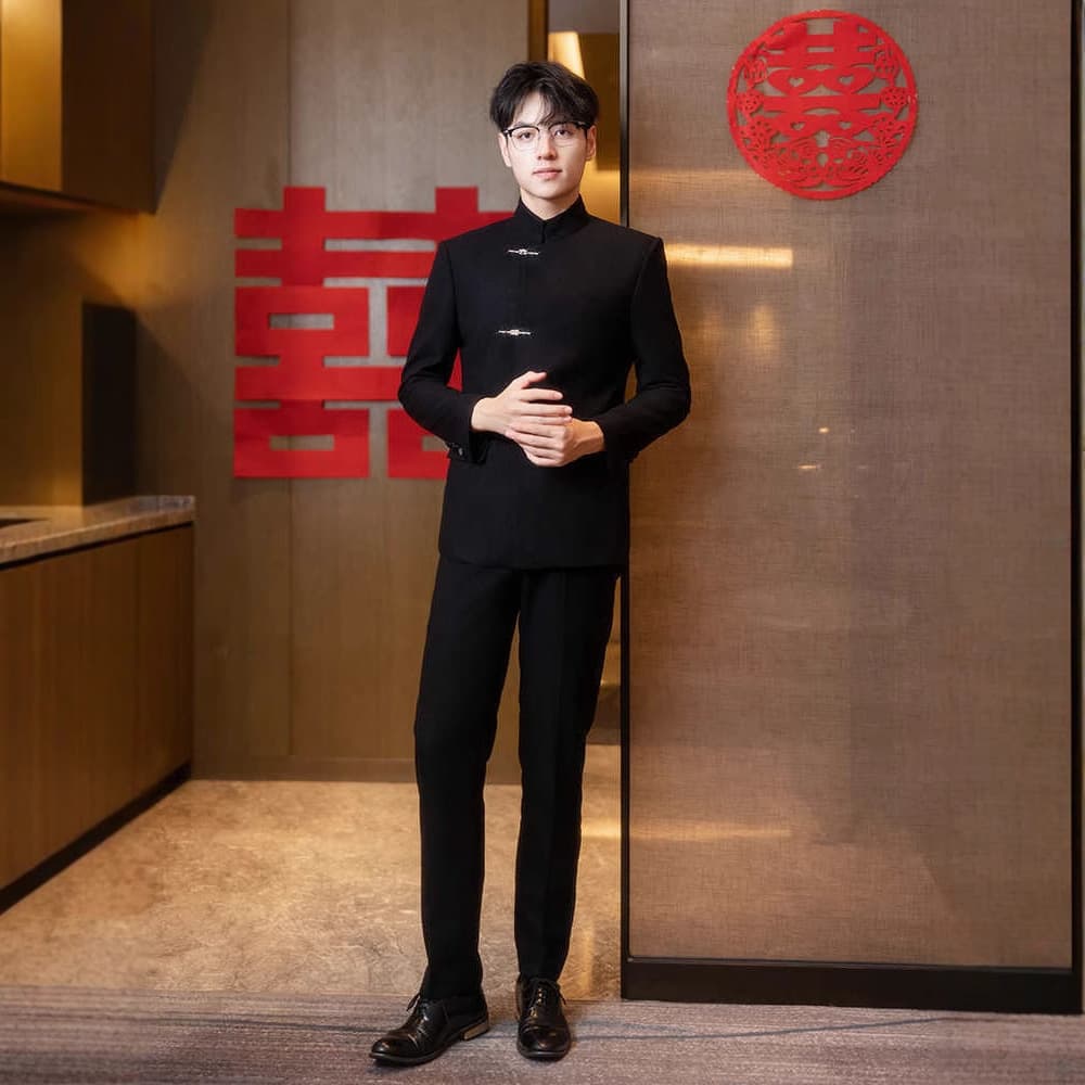 New Chinese-style Men's Wedding and Engagement Mao Suit, Groom Tuxedo Set, Traditional Chinese Tang-Style Wedding Attire