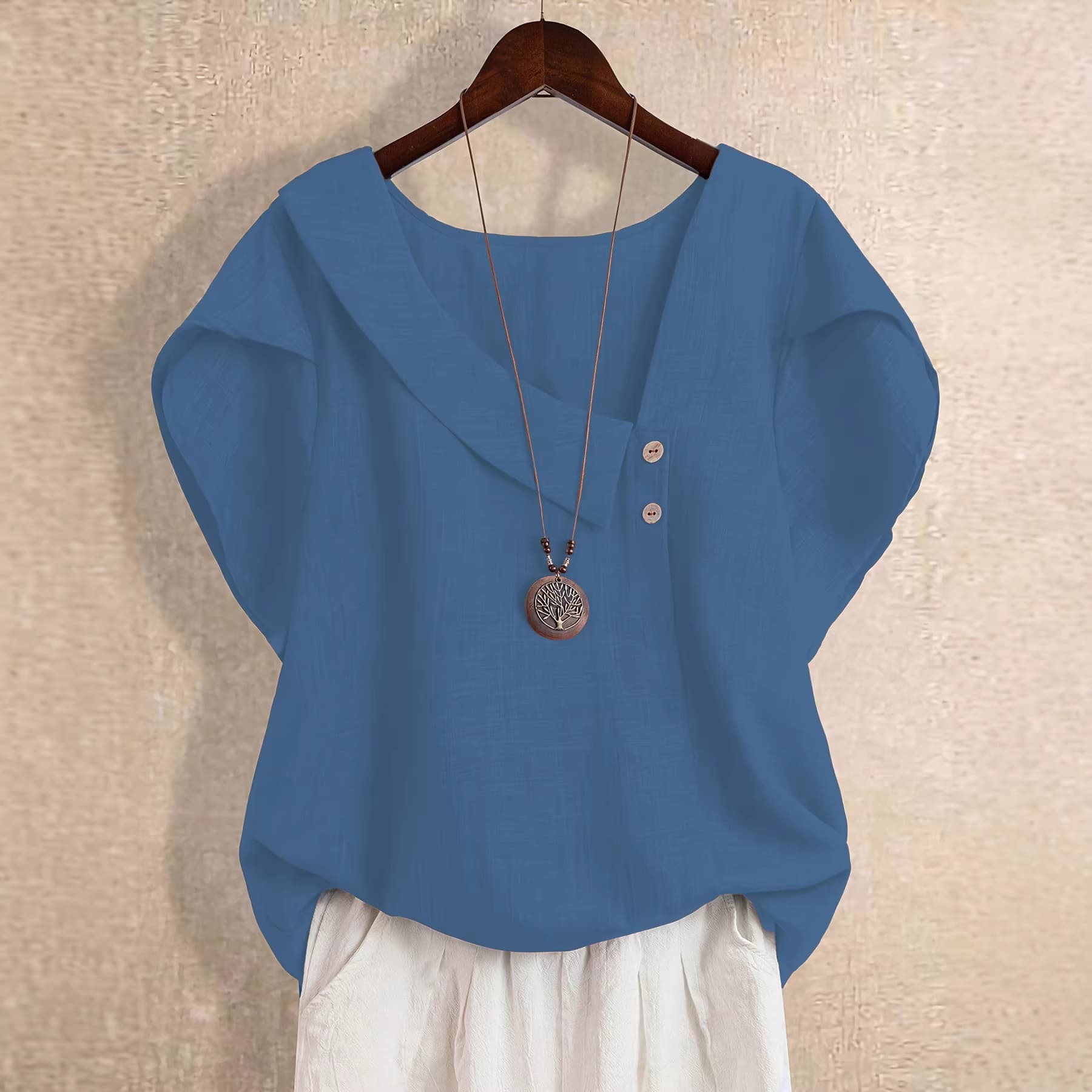 European and American cross-border plus size women's clothing 2026 new linen solid color slope collar petal sleeve short-sleeved tops Amazon hot sale