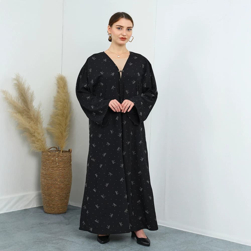 F480 Women's Dress for Export, Cross-Border Butterfly Bow Rhinestone Loose Fit Plus Size Cardigan Dress, Fashionable Outerwear Loose Dress