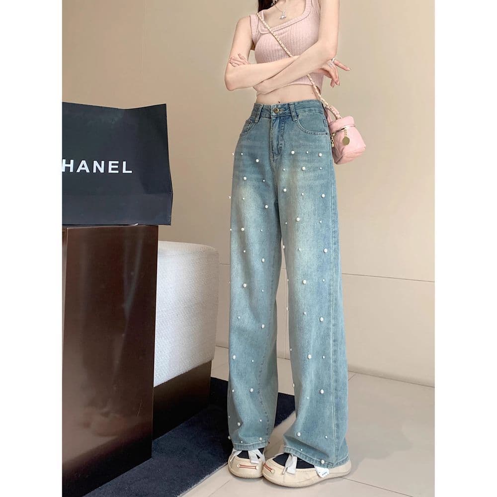 American Vintage Heavy Pearl Wide-Leg Jeans for Women Summer Ins High-Waist Loose Straight-Leg Floor-Length Pants Fashionable