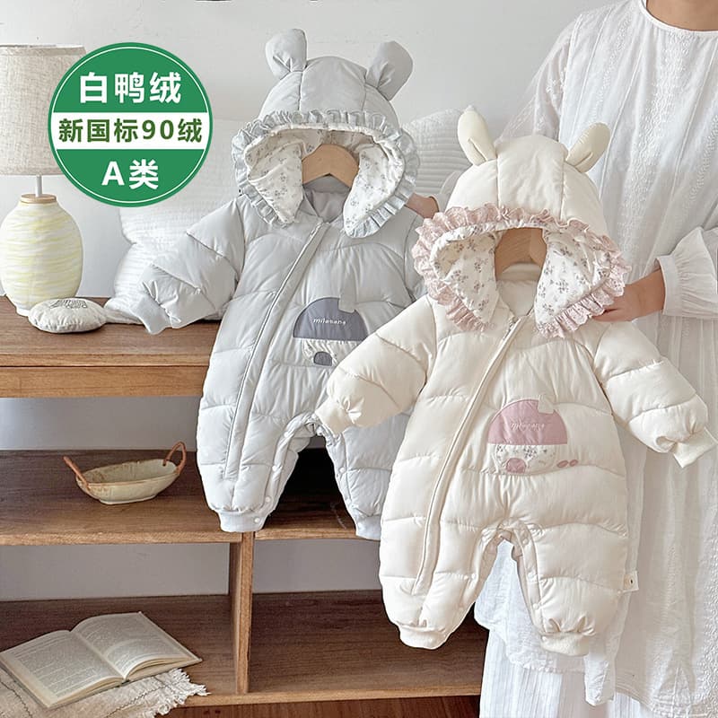Newborn Baby Down Winter Coat with Hood, Warm Outdoor Wear for Girls, Cute Princess Little House Down Romper