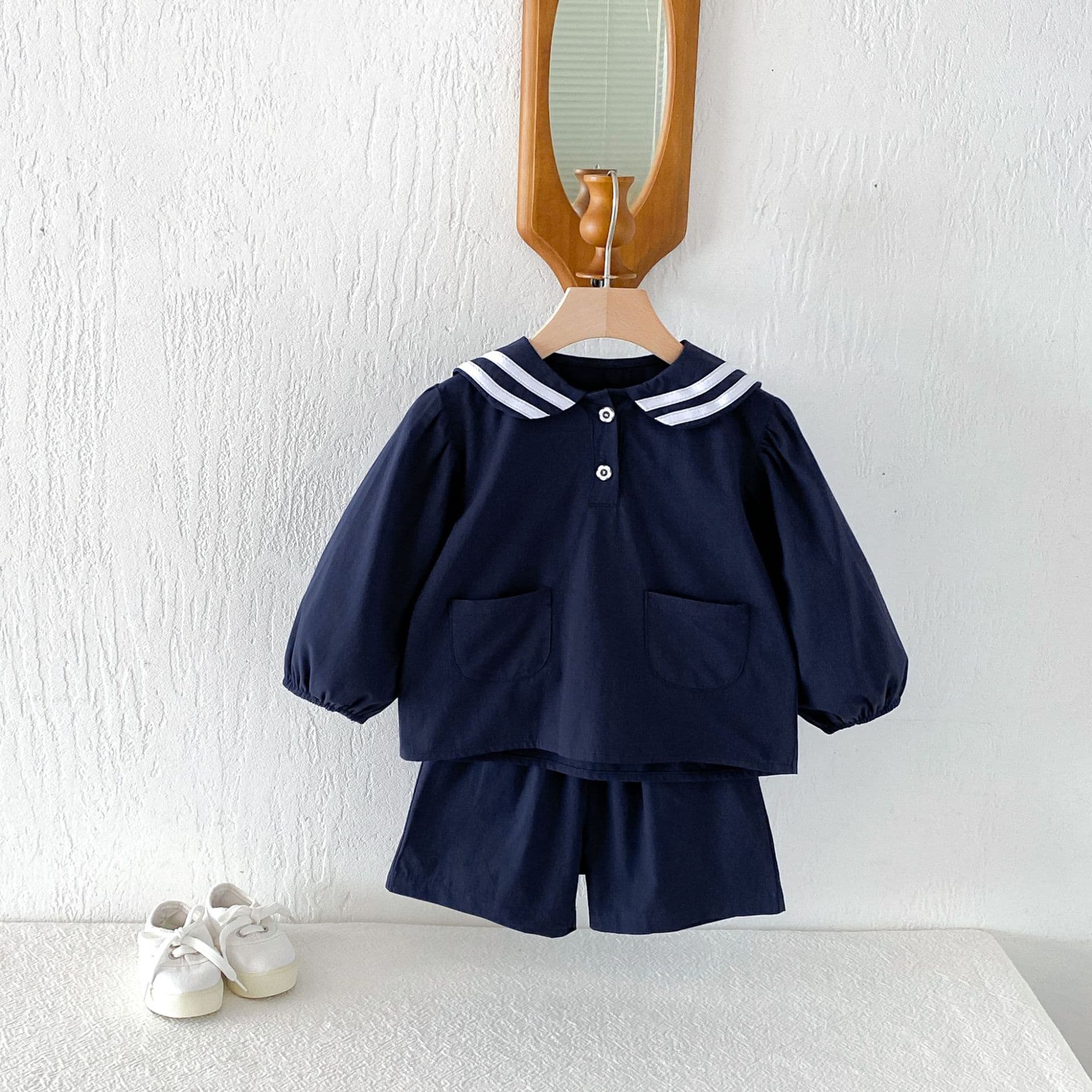 Autumn Children's Outfit Korean Style Cute Preppy Navy Collar Shorts Long Sleeve Spring Autumn Two-Piece Set for Boys and Girls