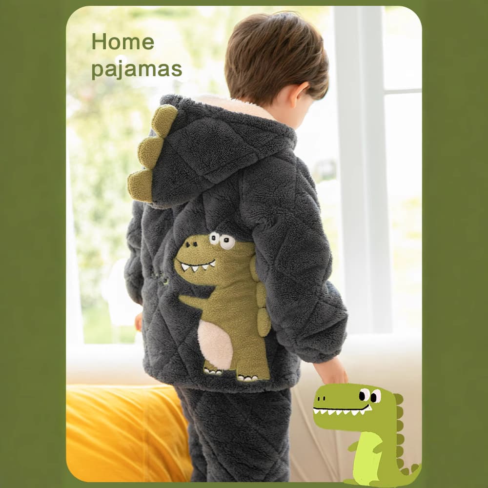 2023 Children's Pajamas Winter Thickened Boys' Coral Fleece Three-Layer Quilted Autumn and Winter Fleece-Lined Homewear