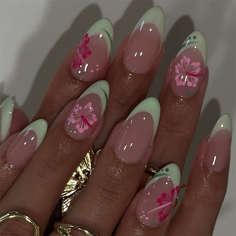 Short Almond Green French Tip Floral Press-On Nails, High-End Handmade, Direct from Factory