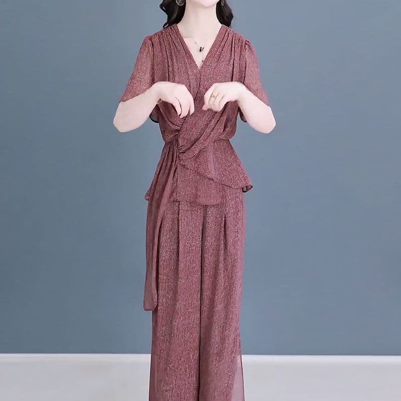 Women's Fashion Suit, Summer New Style, Age-Defying Mother's Short-Sleeve Slim Fit Top, Wide-Leg Pants, Full Set