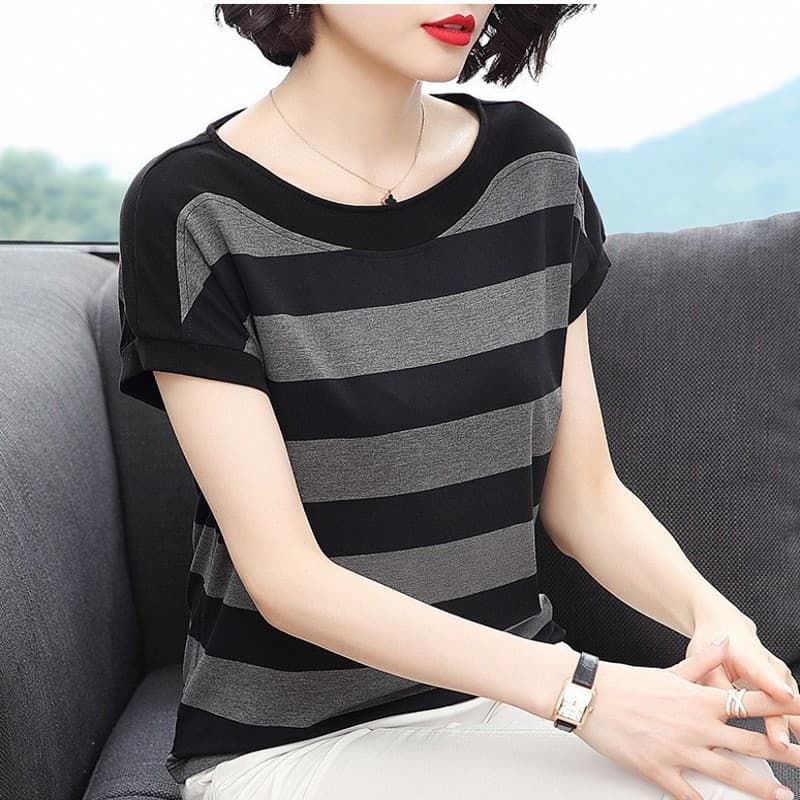 2025 New Short Sleeve T-Shirt for Women Summer Middle-Aged Mother Plus Size Loose Striped Half Sleeve Top