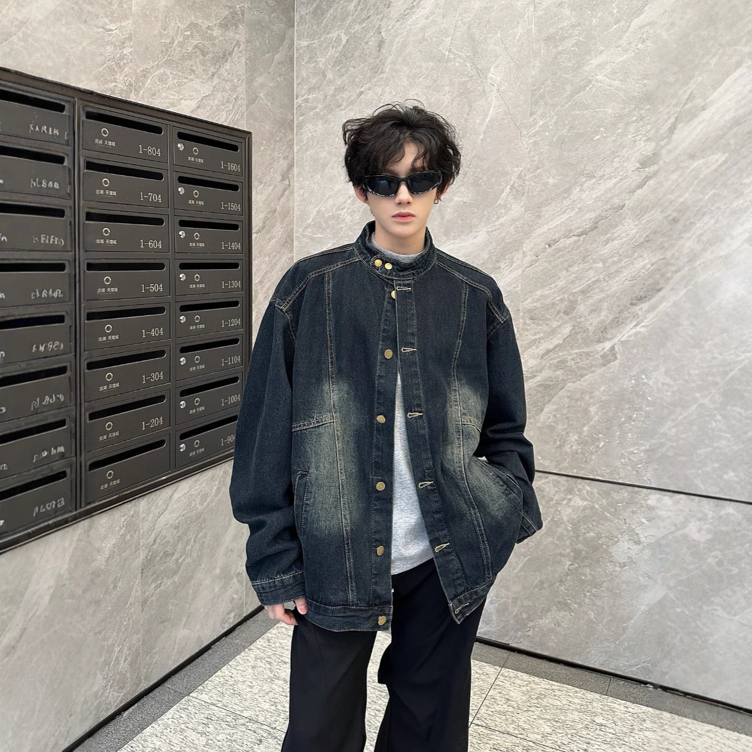American Vintage Washed Distressed Stand Collar Heavyweight Denim Jacket Unisex Spring Autumn Streetwear Loose Casual Coat